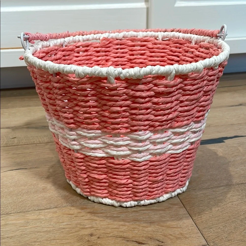 Pink and White Woven Round Decorative Basket with Handle Small Storage